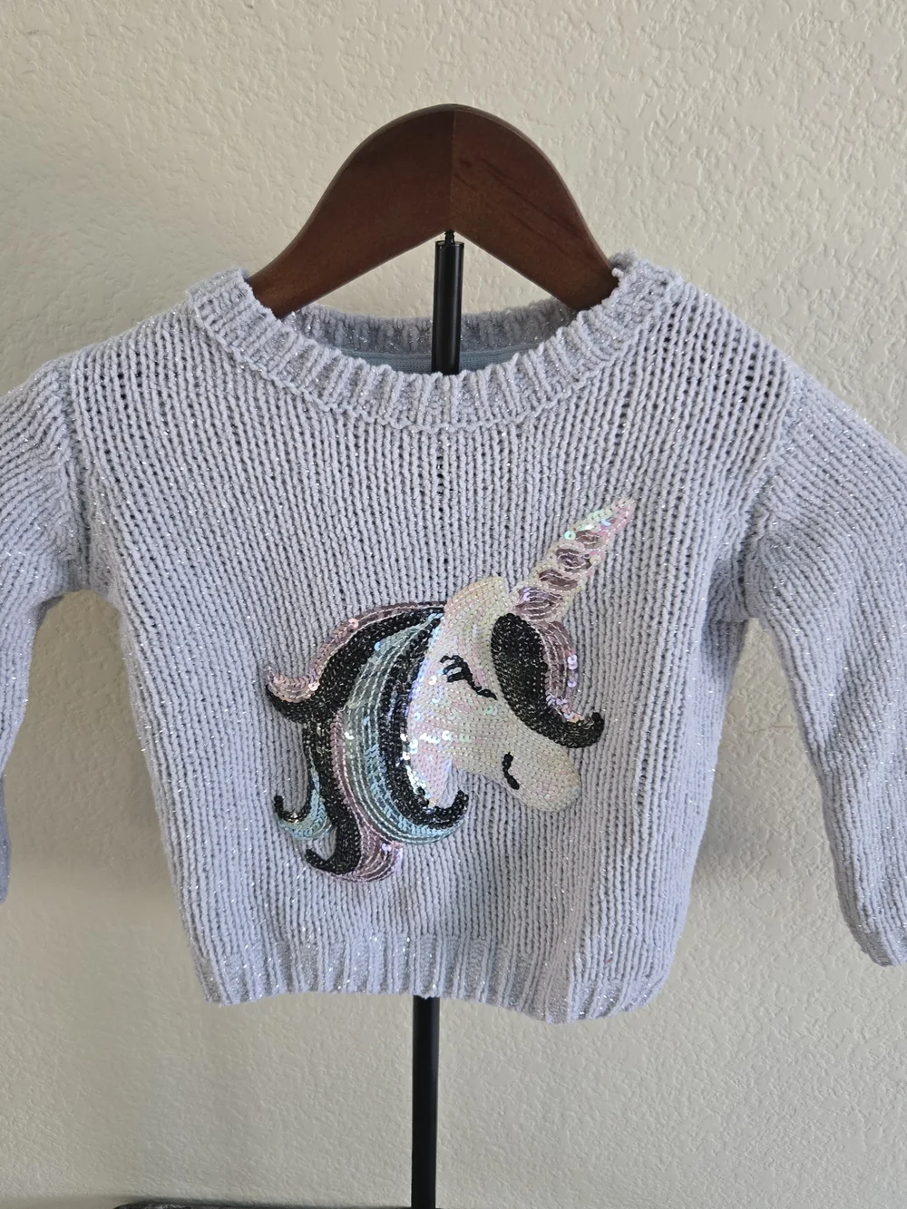 Sequin Unicorn Sweater. Light Gray.  Size 5-6 Years.
